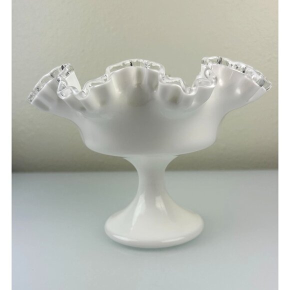 Fenton Silver Crest Pedestal Compote Bowl Clear Ribbon Ruffle White Milk Glass - Picture 11 of 13